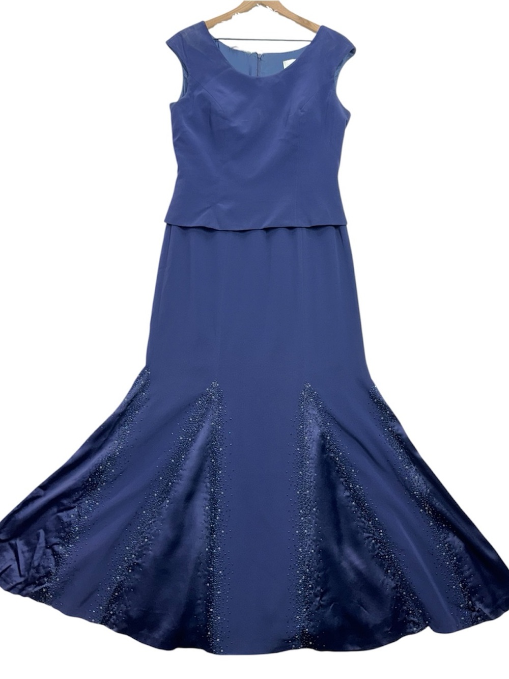 Vtg Alfred Angelo Navy Sleeveless Beaded Floor Length Dress Formal Gown Modest